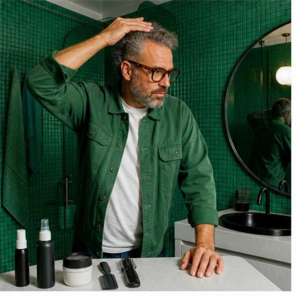Fictional adult in a vivid direct-flash everyday scene created for the CIRx Hair Restore — Topical discovery card.