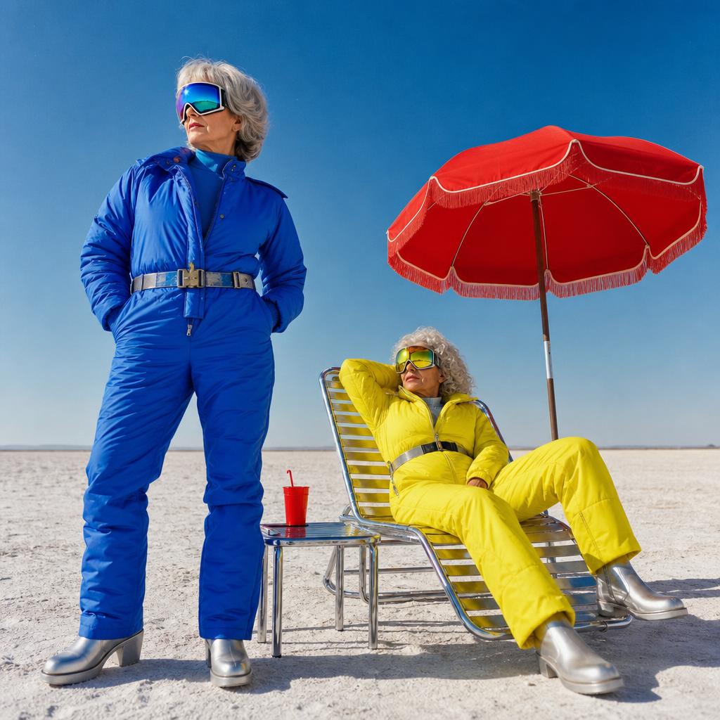 Two silver-haired women in blue and yellow outerwear on a bright salt flat.