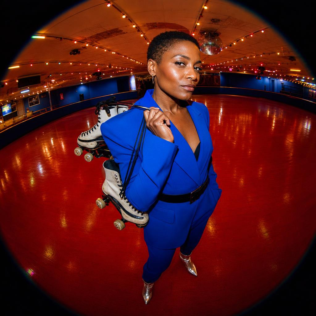 Woman in a cobalt suit holding roller skates inside a saturated red rink.