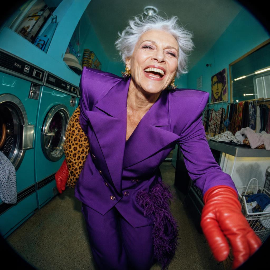 Silver-haired woman in violet tailoring laughing inside a turquoise laundromat.