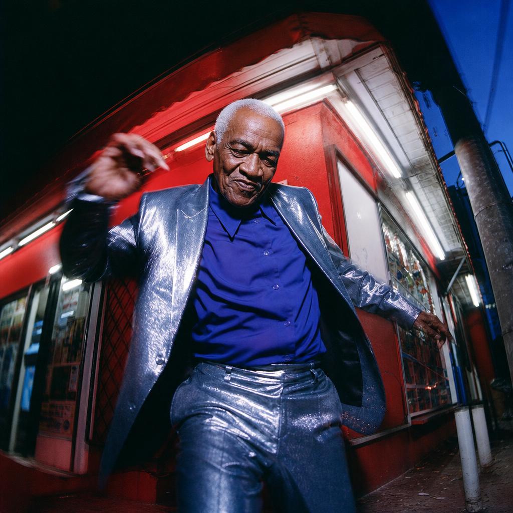 Older man in a silver suit dancing beneath hard flash outside a red corner shop.