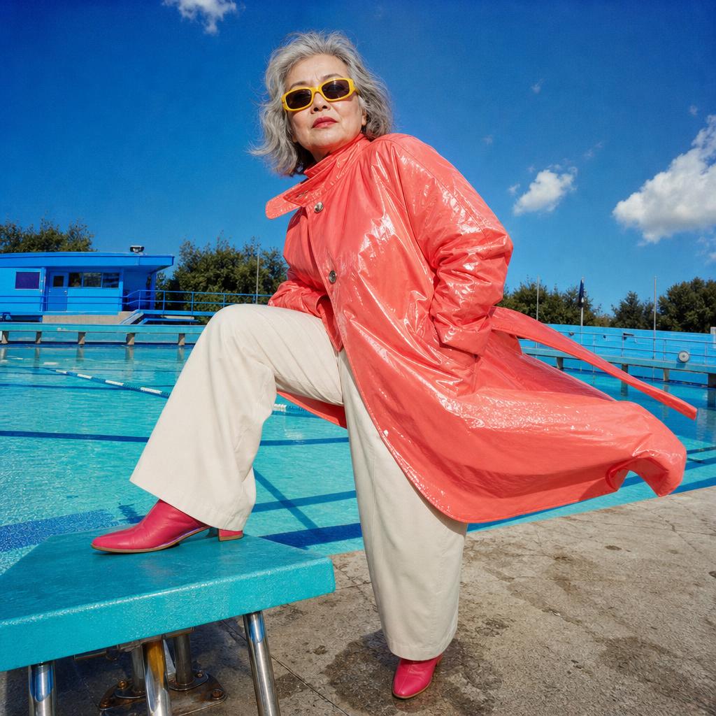 Older woman in a glossy coral coat posing on a saturated blue pool deck.