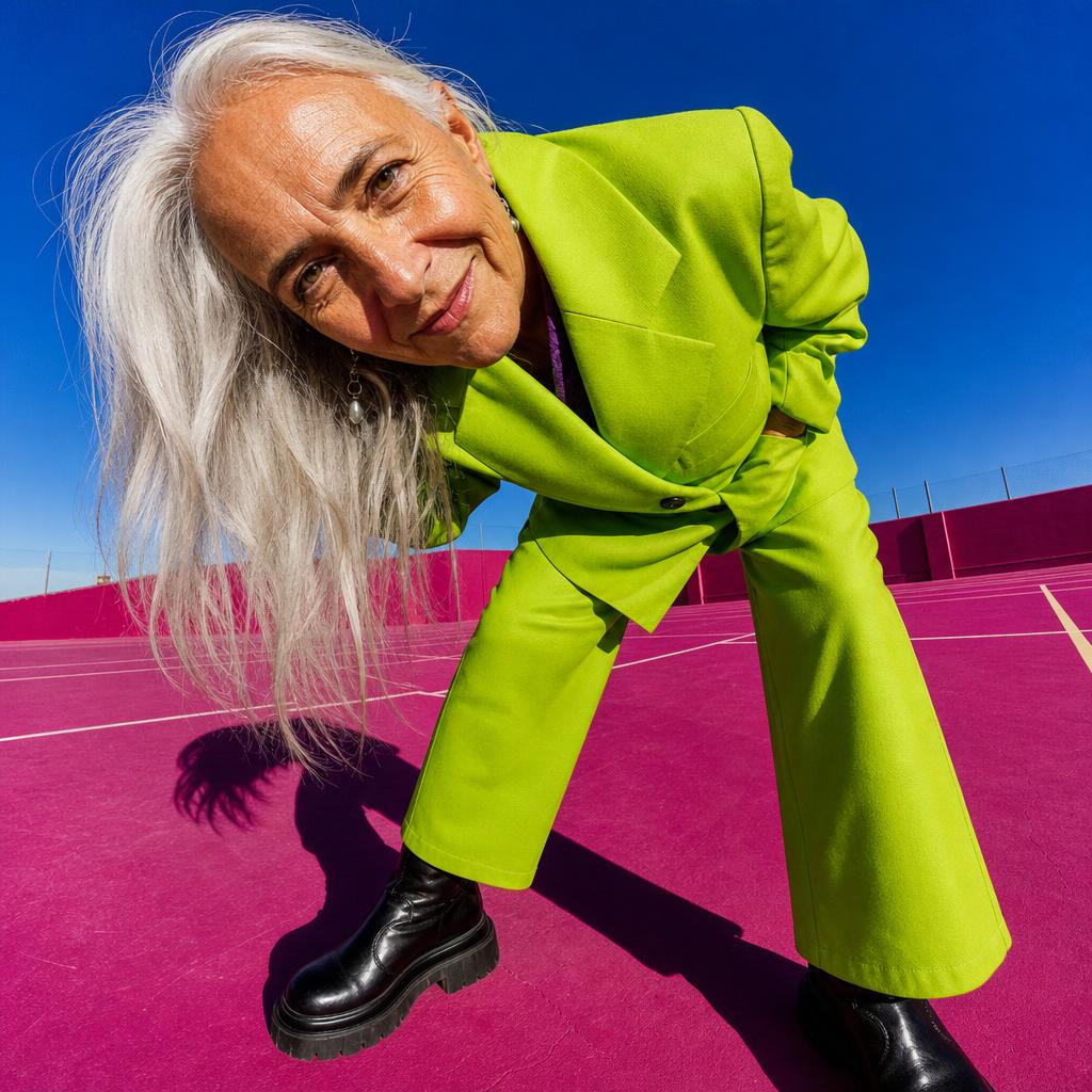 Long-haired older person in an acid-green suit leaning into a fisheye camera.