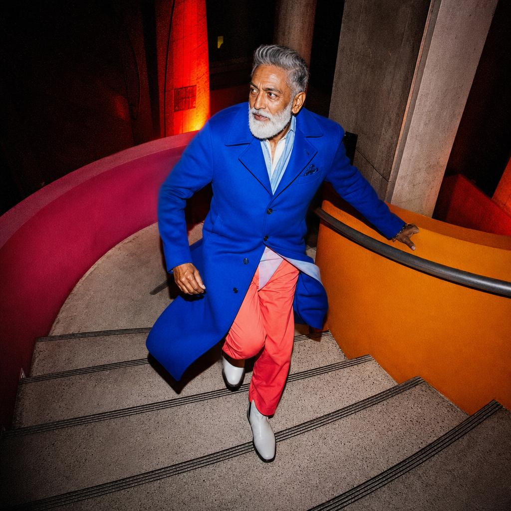 Silver-bearded older man in cobalt and coral tailoring moving down a spiral stairwell.