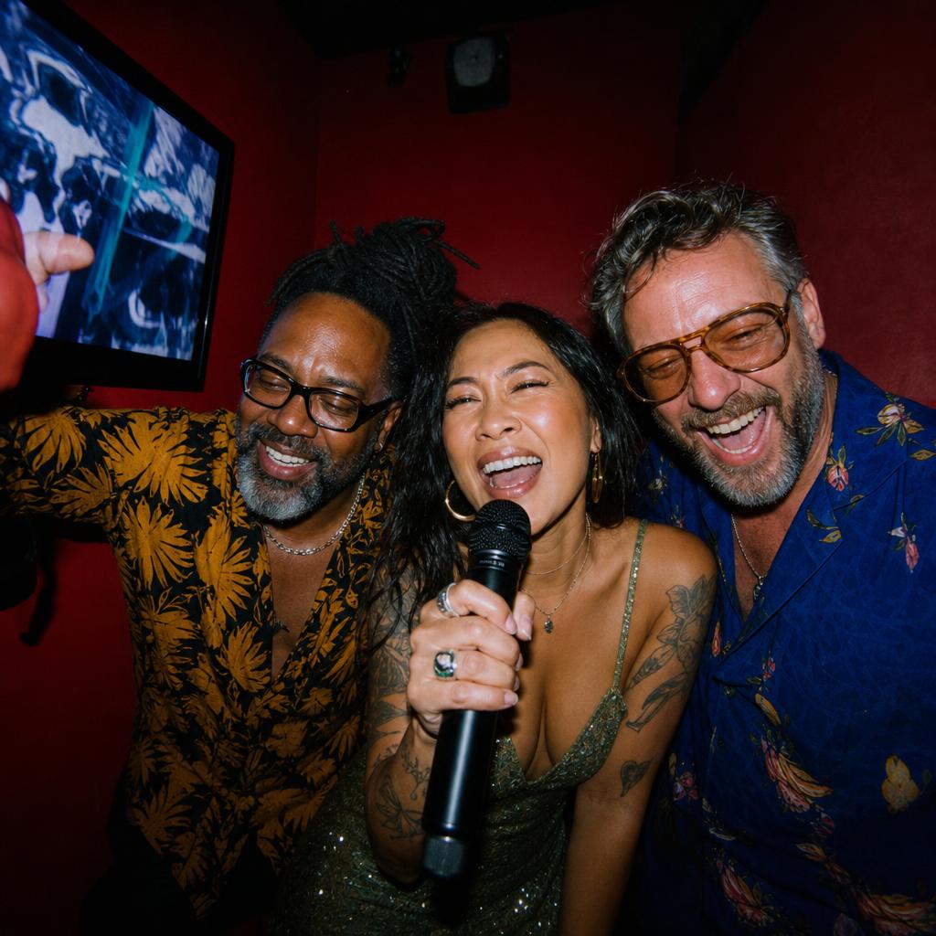 Three friends singing and laughing together in a tiny red karaoke room.