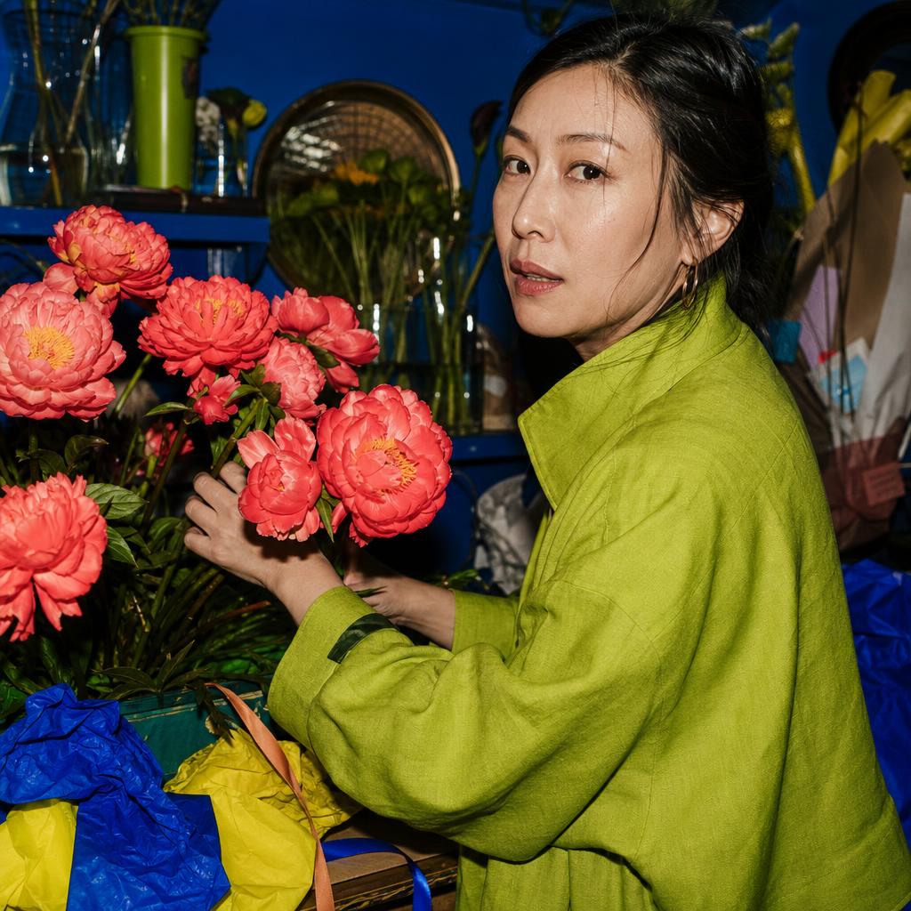East Asian woman in an acid-green coat arranging coral flowers in a blue workroom.