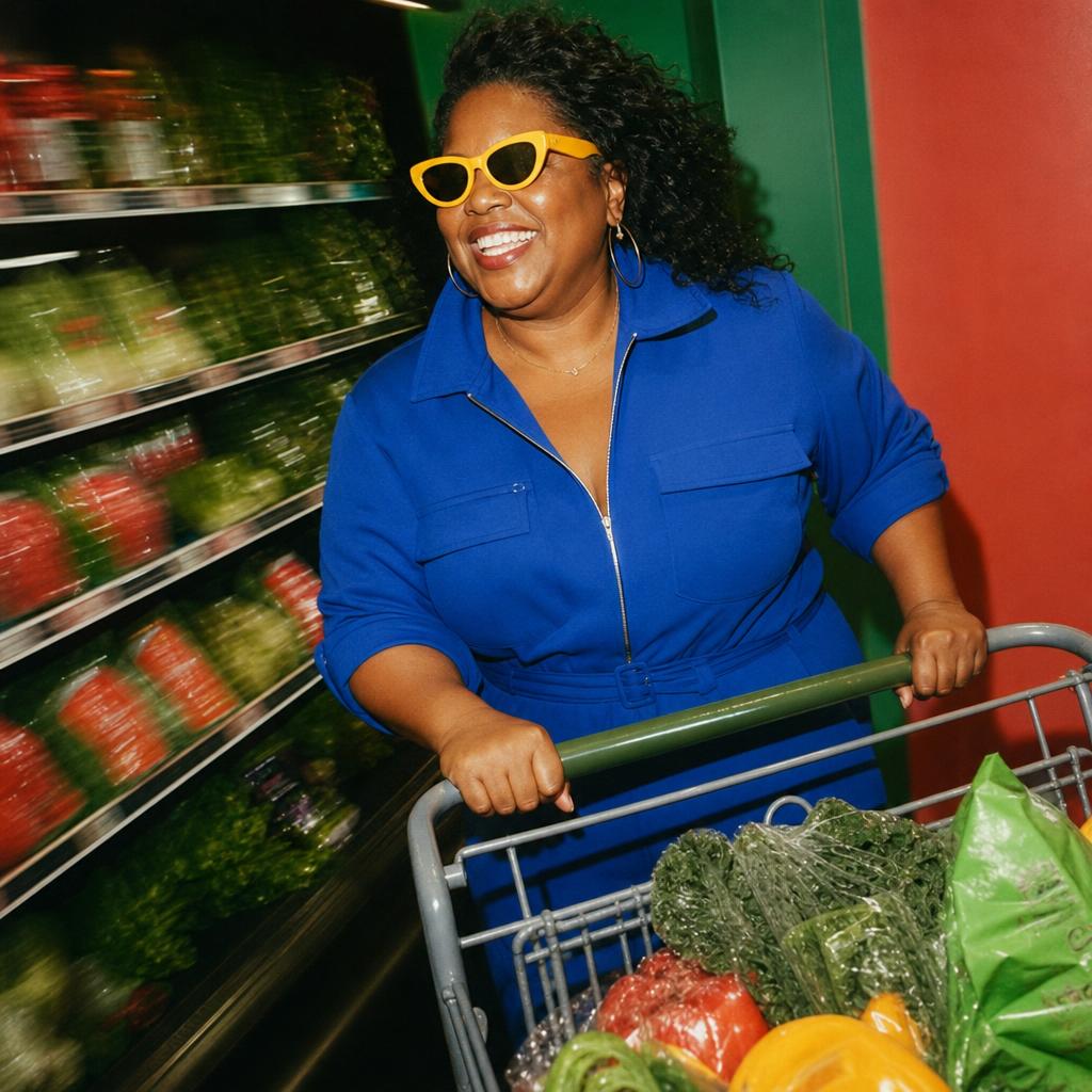 Black woman in a cobalt jumpsuit rounding a grocery aisle with a cart.