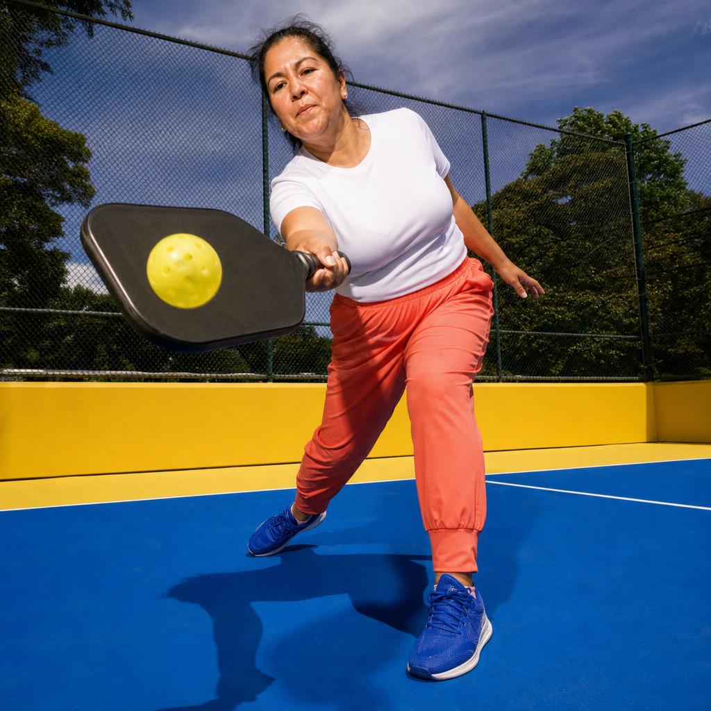Fictional woman in coral trousers playing pickleball on a blue and yellow court.