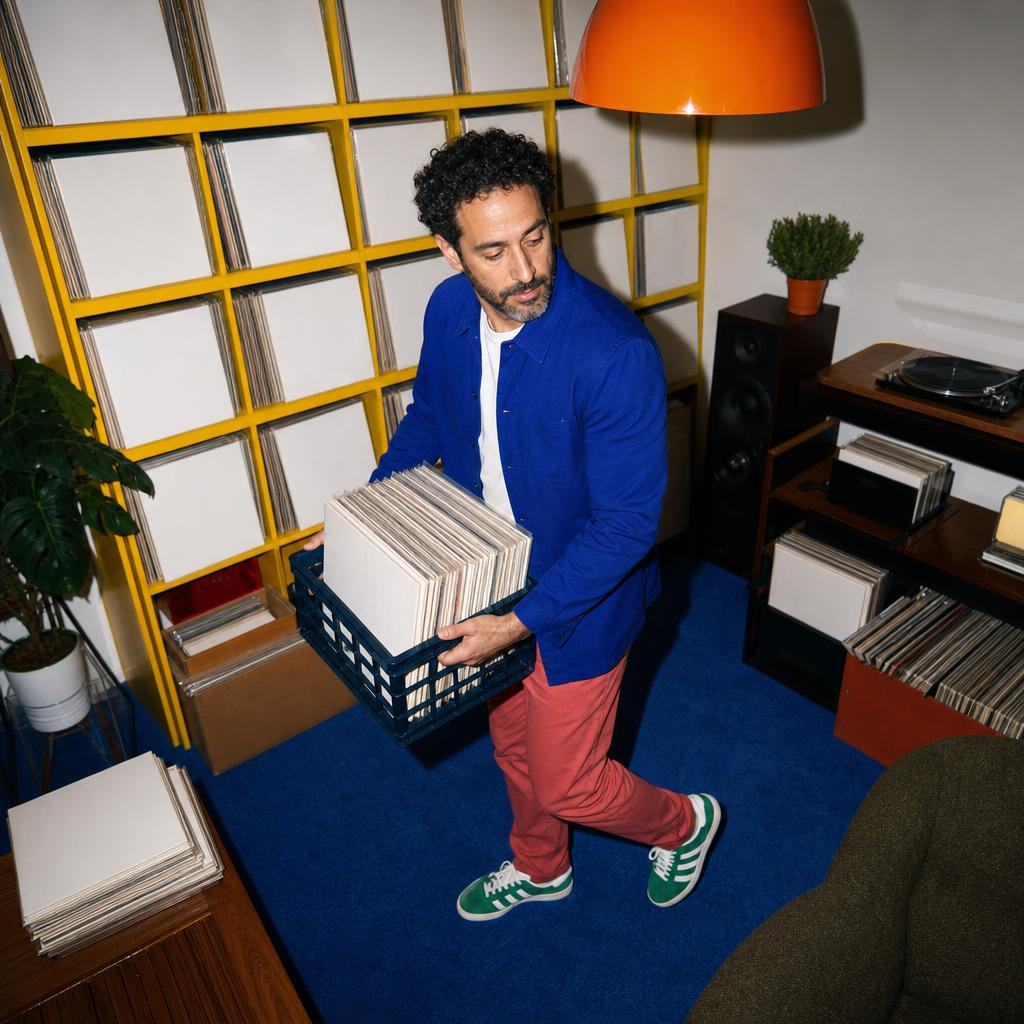 Fictional 44-year-old Middle Eastern man carrying a crate of blank-sleeved records through a colorful listening room.