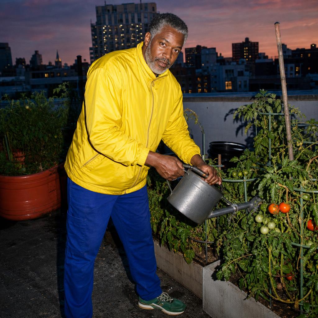 Fictional man in a yellow shirt watering plants in a rooftop garden at dusk.