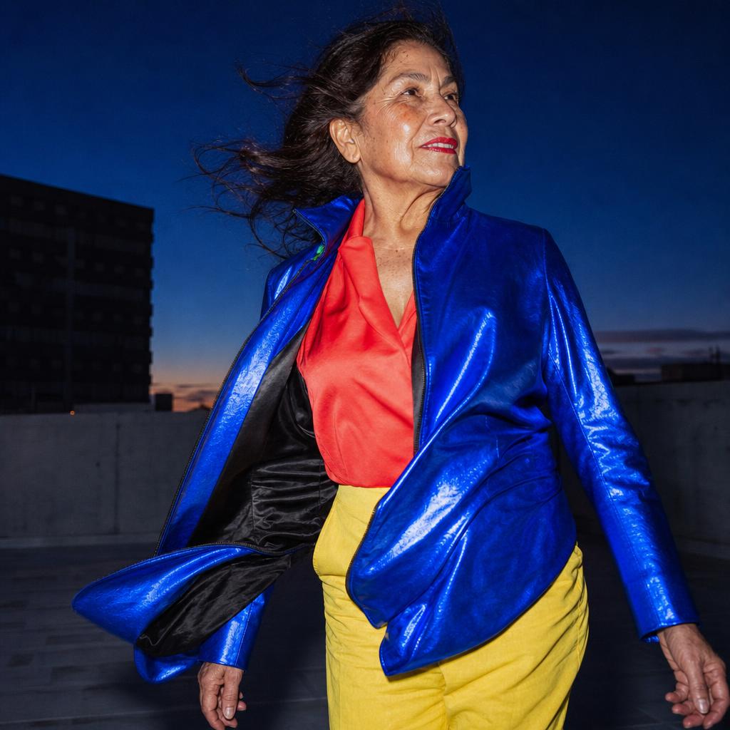 Older Latina woman in a metallic cobalt jacket walking into wind on a city rooftop.