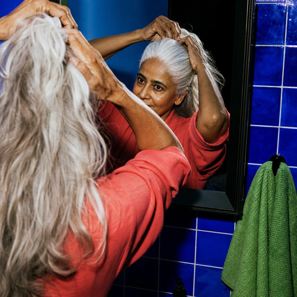 Older South Asian woman pinning up long silver hair at a cobalt-tiled bathroom mirror.