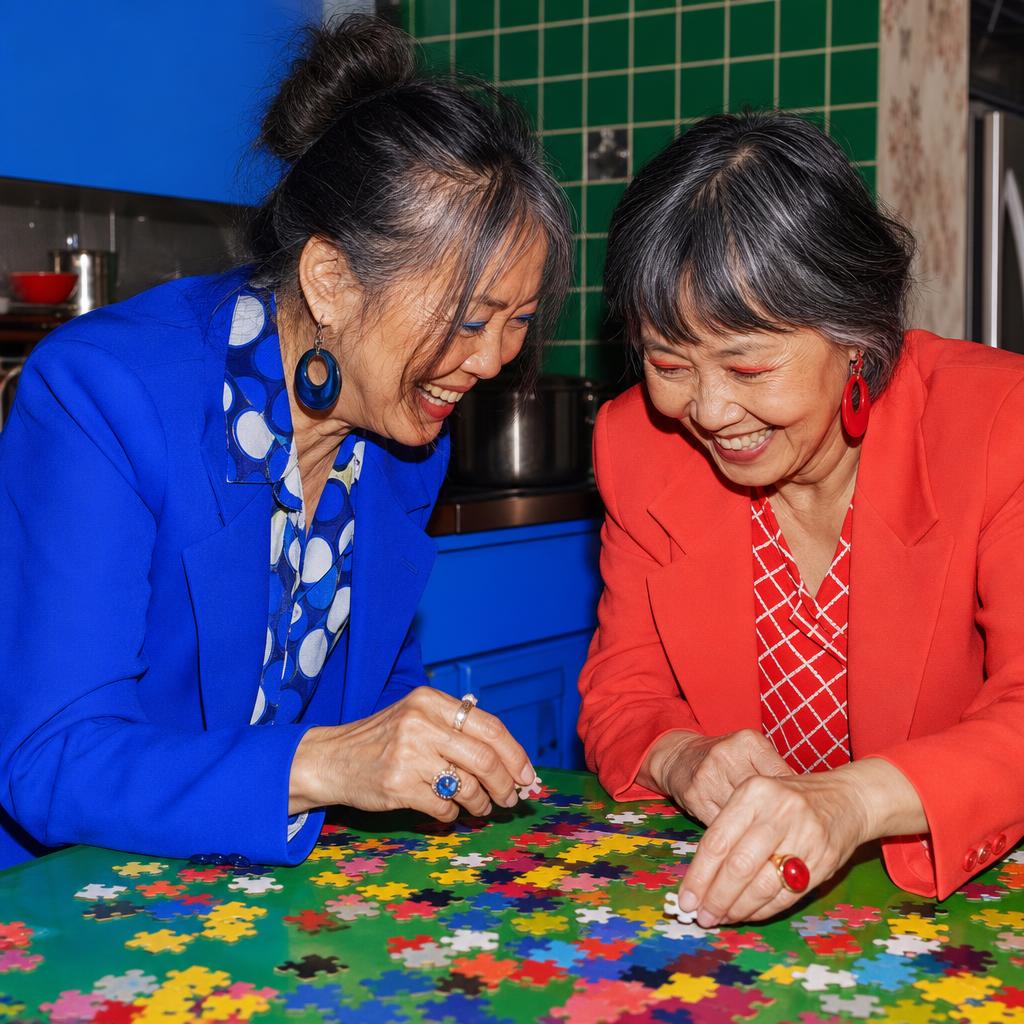 Two older East Asian friends in cobalt and coral tailoring laughing over a colorful abstract puzzle.