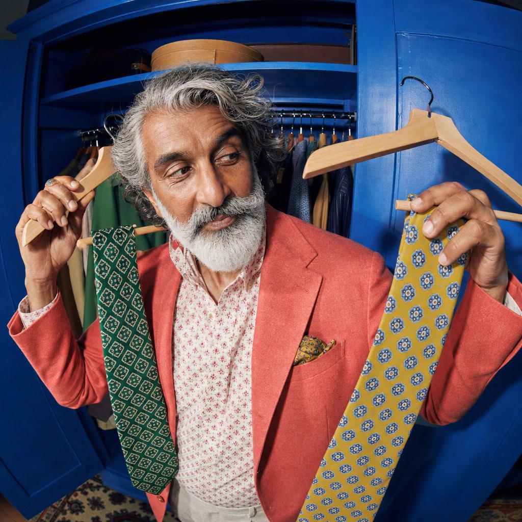 Silver-bearded South Asian man in coral tailoring choosing patterned ties at an open cobalt wardrobe.
