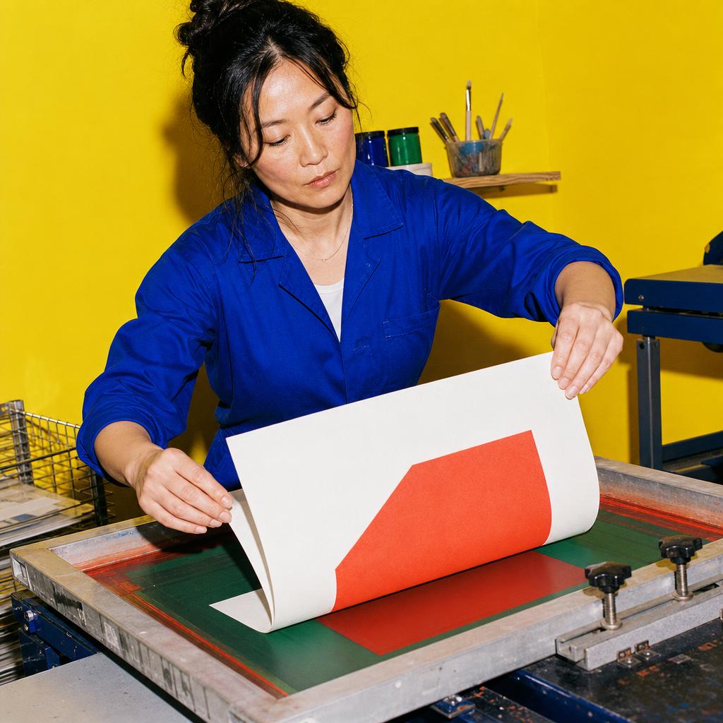 East Asian woman in cobalt workwear pulling an abstract coral print in an acid-yellow studio.