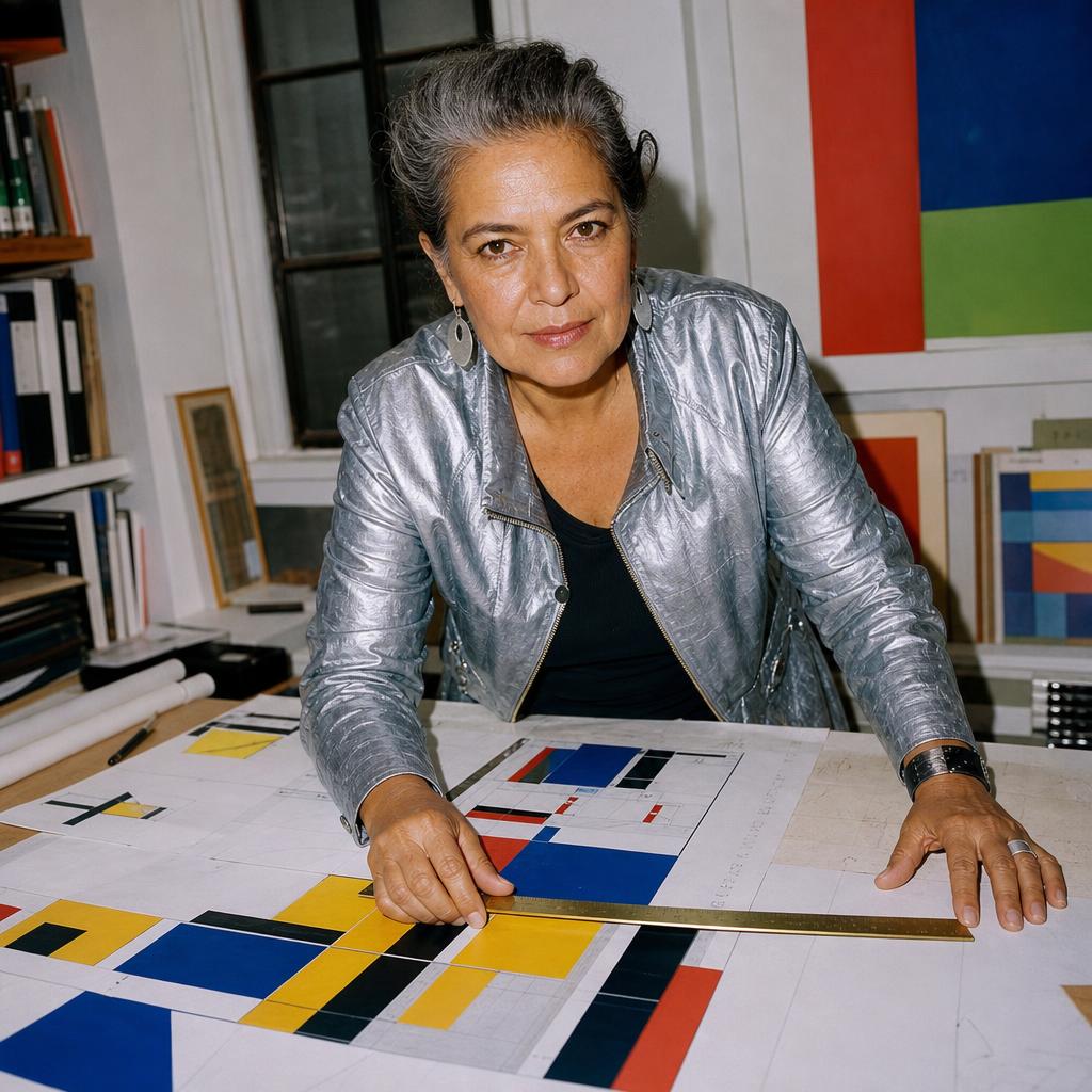 Older Latina architect in a silver jacket leaning over geometric color studies on a drafting table.