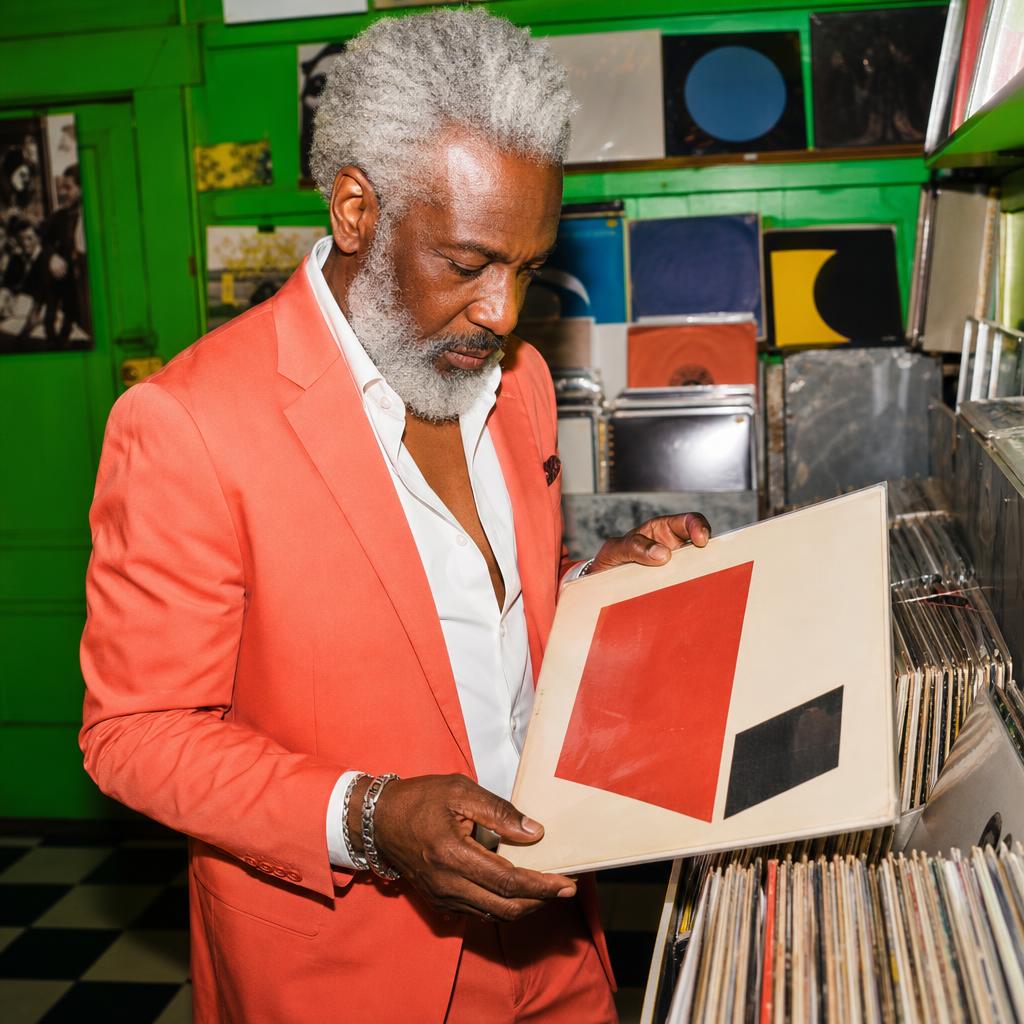 Silver-haired Black man in coral tailoring browsing blank abstract record sleeves in a green record shop.
