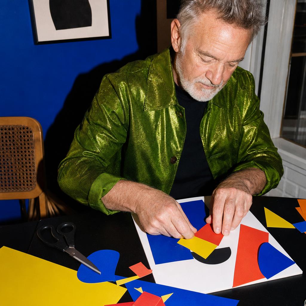 Older white man in a metallic green jacket assembling a geometric paper collage at a dining table.