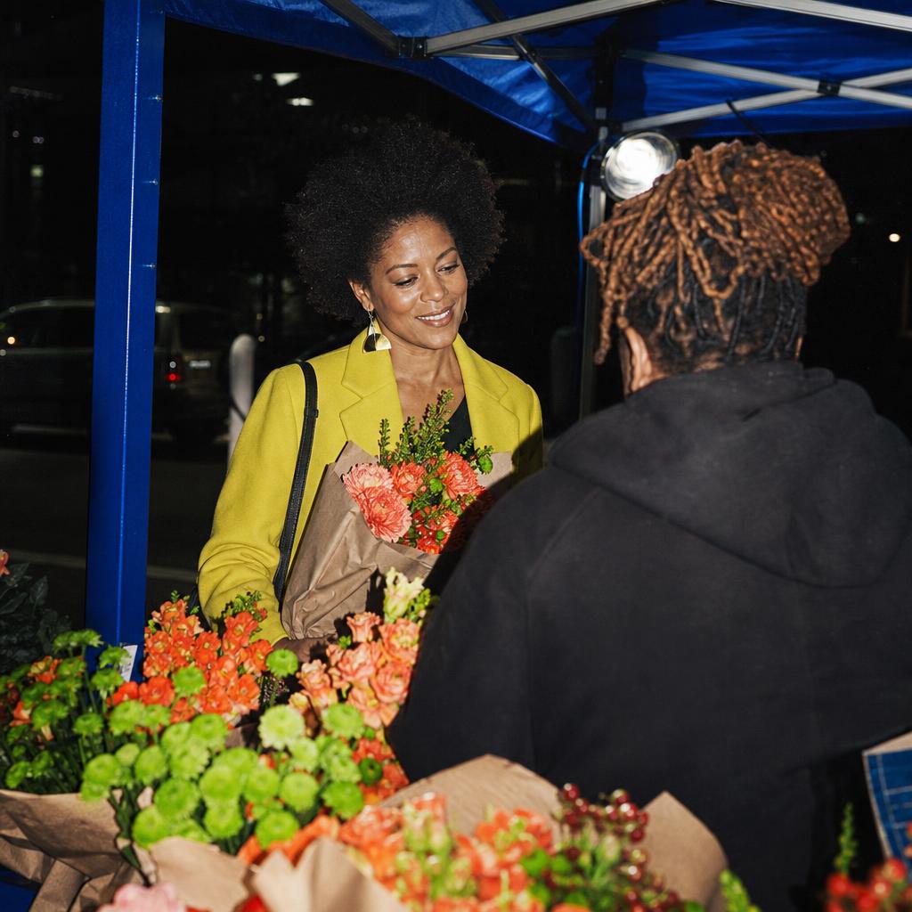 Black woman in her early forties wearing an acid-yellow coat choosing coral flowers at a blue night market.