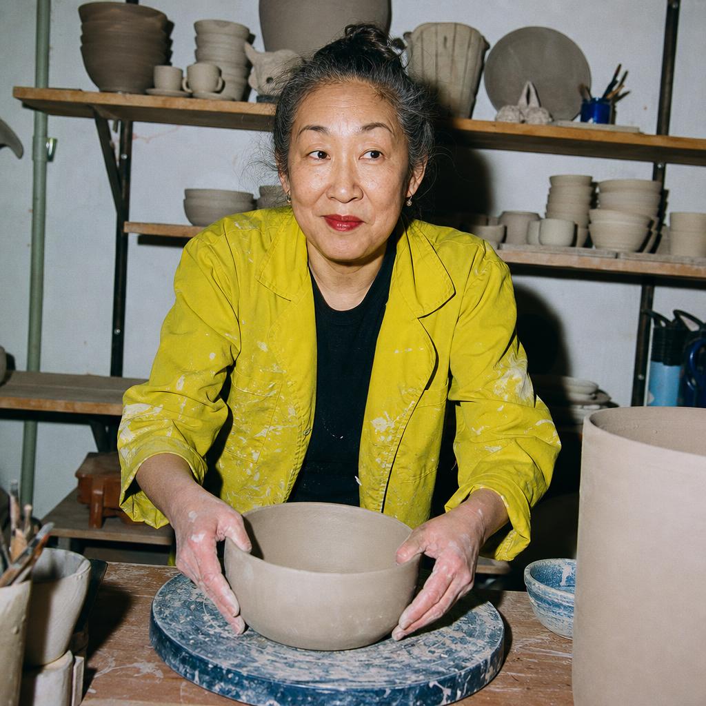 Fictional woman with her hair tied up shaping a ceramic bowl in a pottery studio.