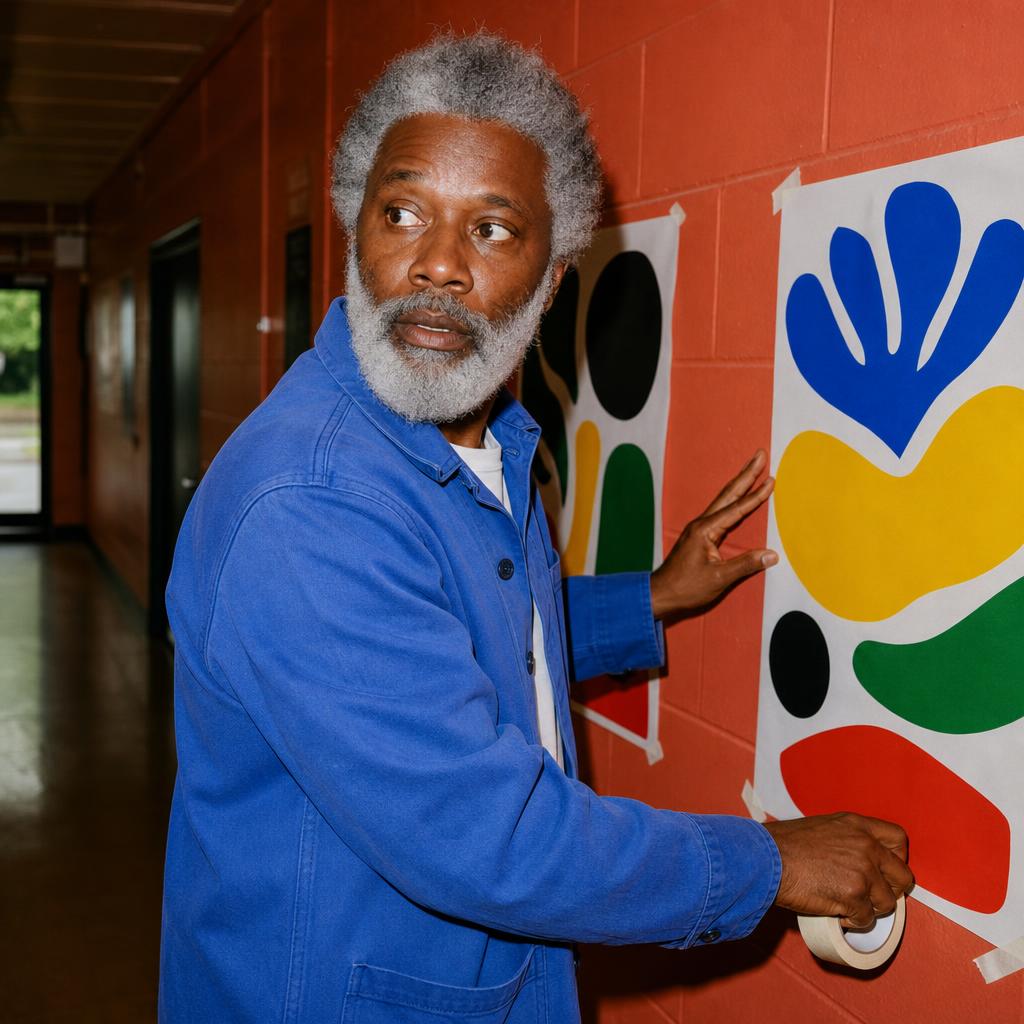 Silver-haired Black man in a cobalt jacket hanging abstract color posters in a coral community-hall corridor.