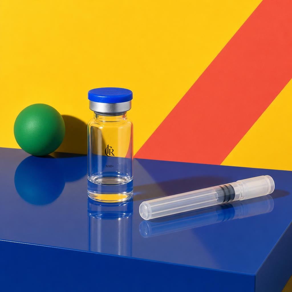 CIRx NAD+ concept vial and capped syringe on a mirrored cobalt plinth with yellow, coral and green studio shapes.