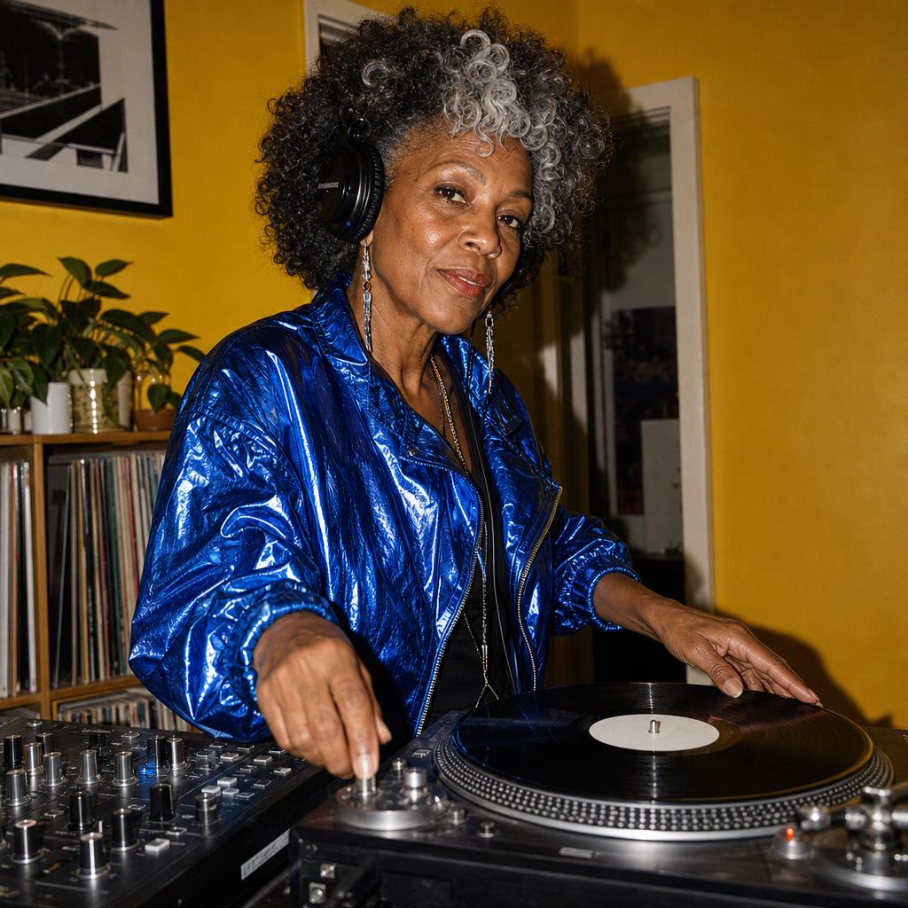 Older Black woman DJ in a metallic cobalt jacket cueing a blank-label record in a yellow listening room.