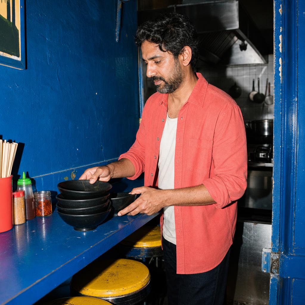 South Asian man in a coral overshirt arranging bowls at a small cobalt neighborhood noodle counter.