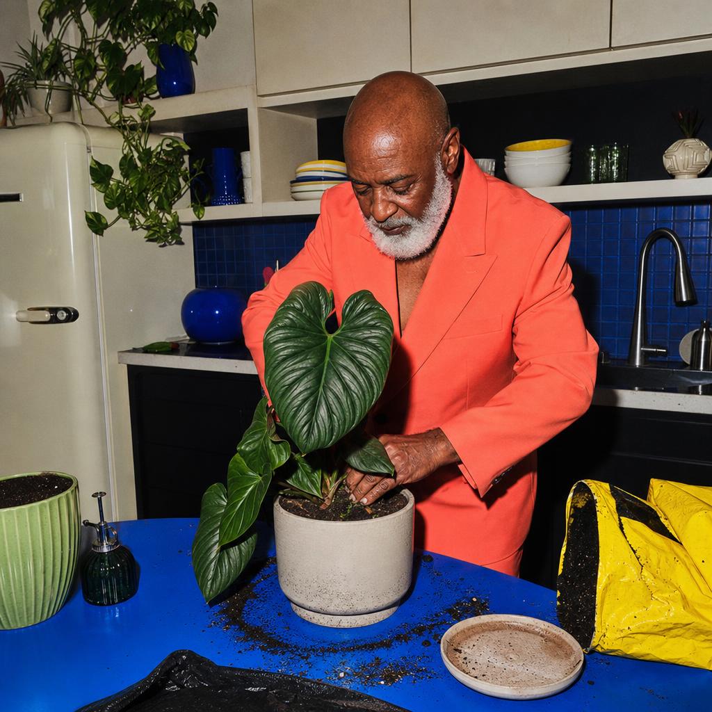 Older Black man in coral tailoring repotting a sculptural houseplant on a cobalt kitchen table.