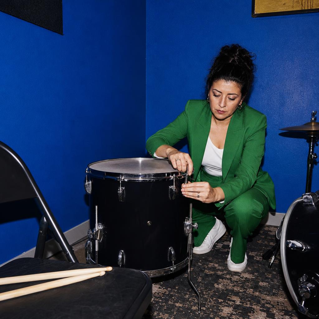 Fictional woman in a green suit tuning a drum in a cobalt rehearsal studio.