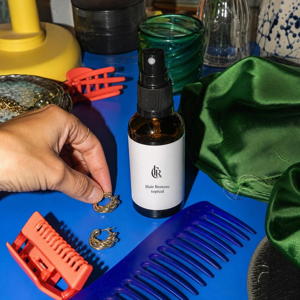 concept amber topical spray on a colorful bedroom dresser while a hand picks up an earring nearby. Usable package label areas carry a centered, proportion-locked, contrast-appropriate CIRx emblem and approved dose-free identity print; audited unsafe surfaces remain cleanly blank.