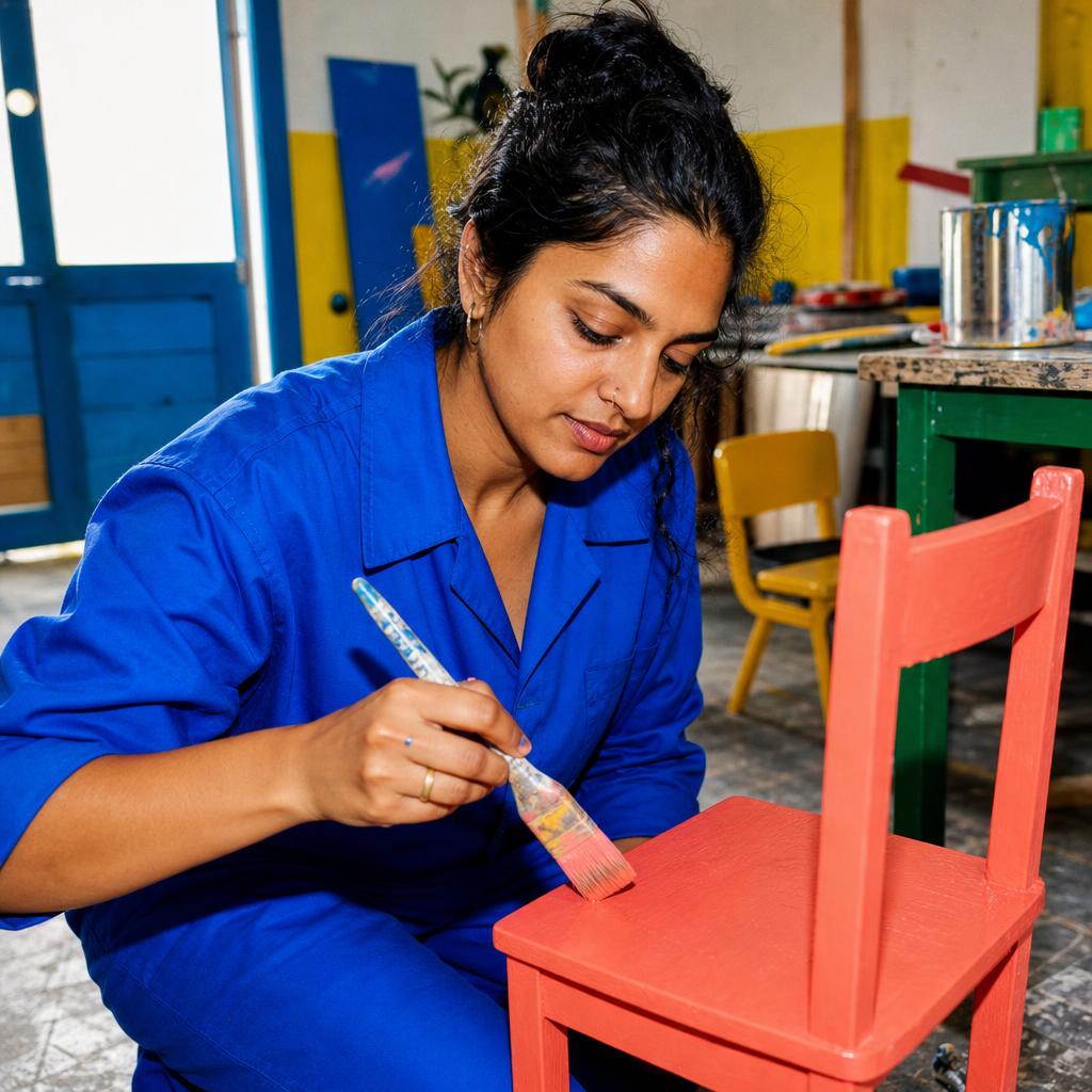 Fictional South Asian woman in cobalt coveralls painting a small wooden chair coral in a bright workshop.