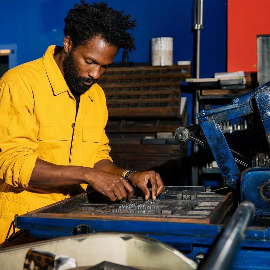 Fictional Black man in yellow workwear setting metal type at a cobalt letterpress studio.