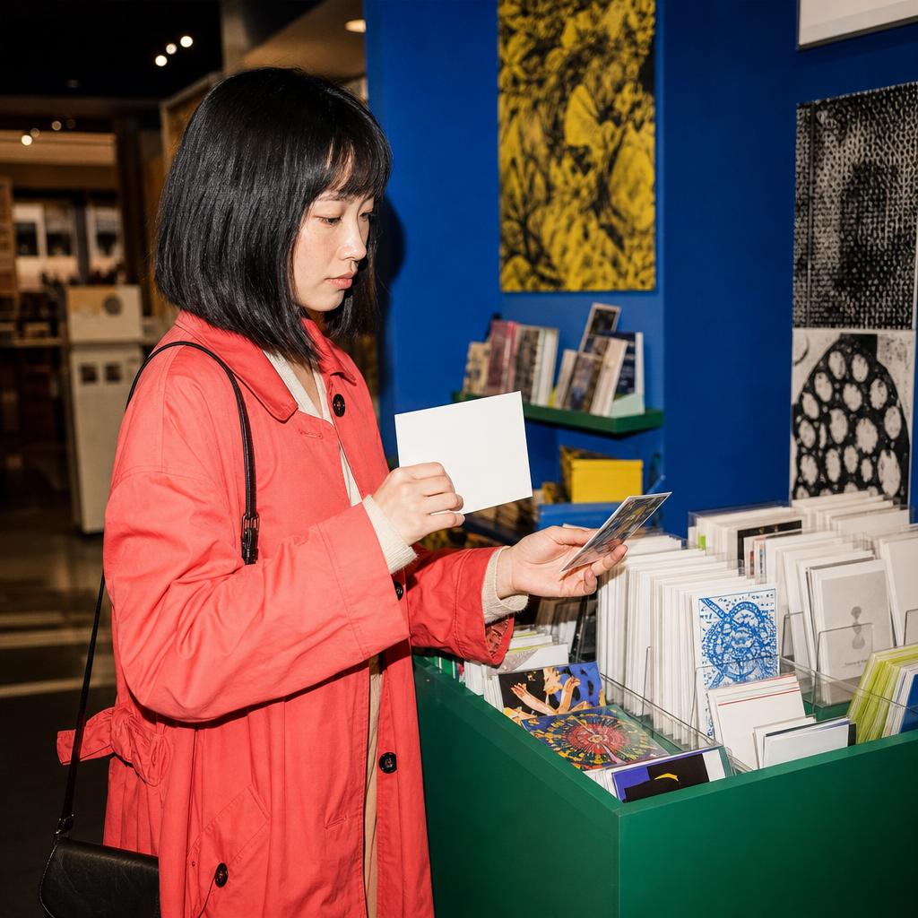 Woman in a coral coat comparing art postcards in a cobalt and green museum shop.