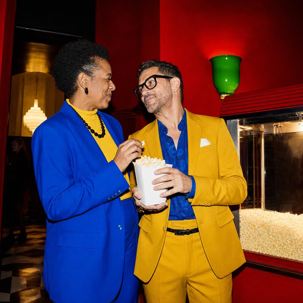 Fully clothed queer couple in cobalt and yellow tailoring sharing popcorn in a red neighborhood cinema lobby.