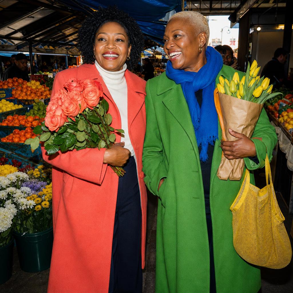Two Black friends in coral and green coats carrying flowers through a saturated farmers market.