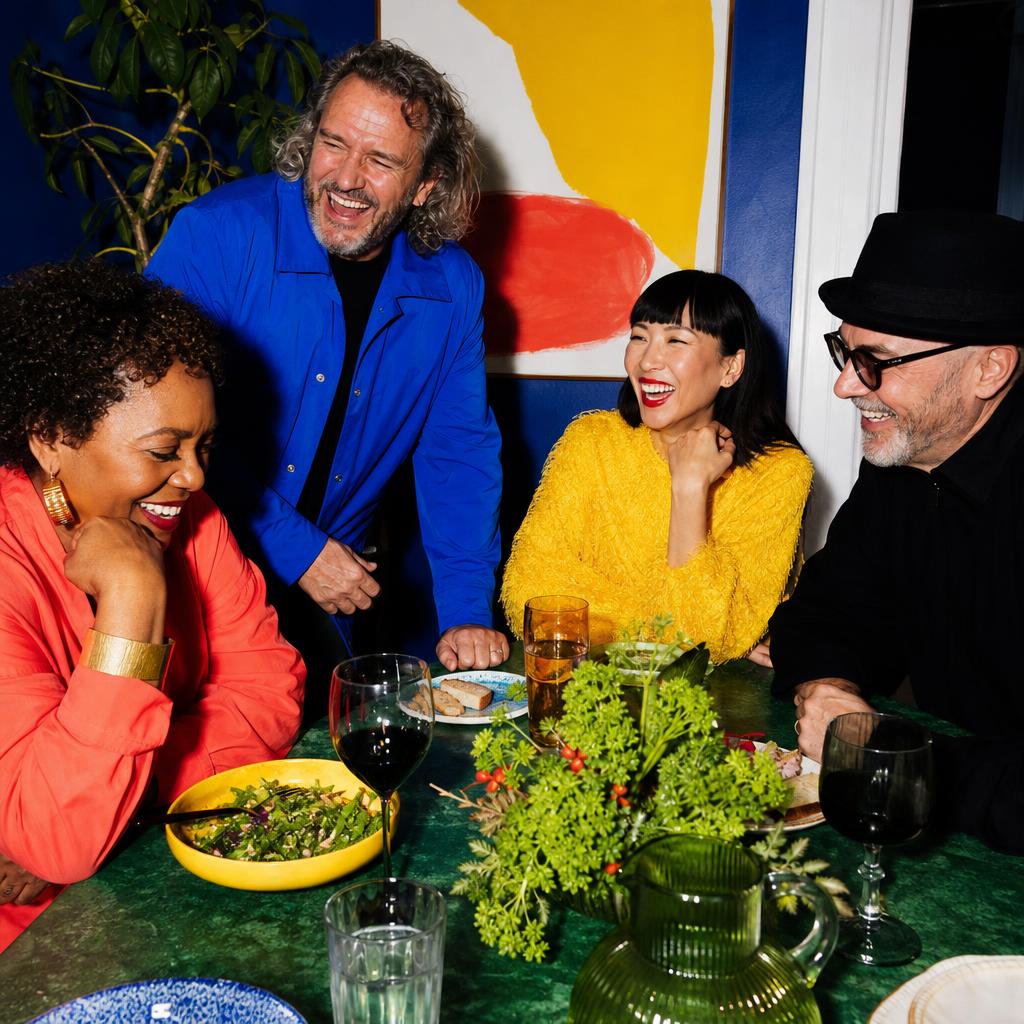 Four diverse fully clothed adults laughing around a green home dinner table under direct flash.