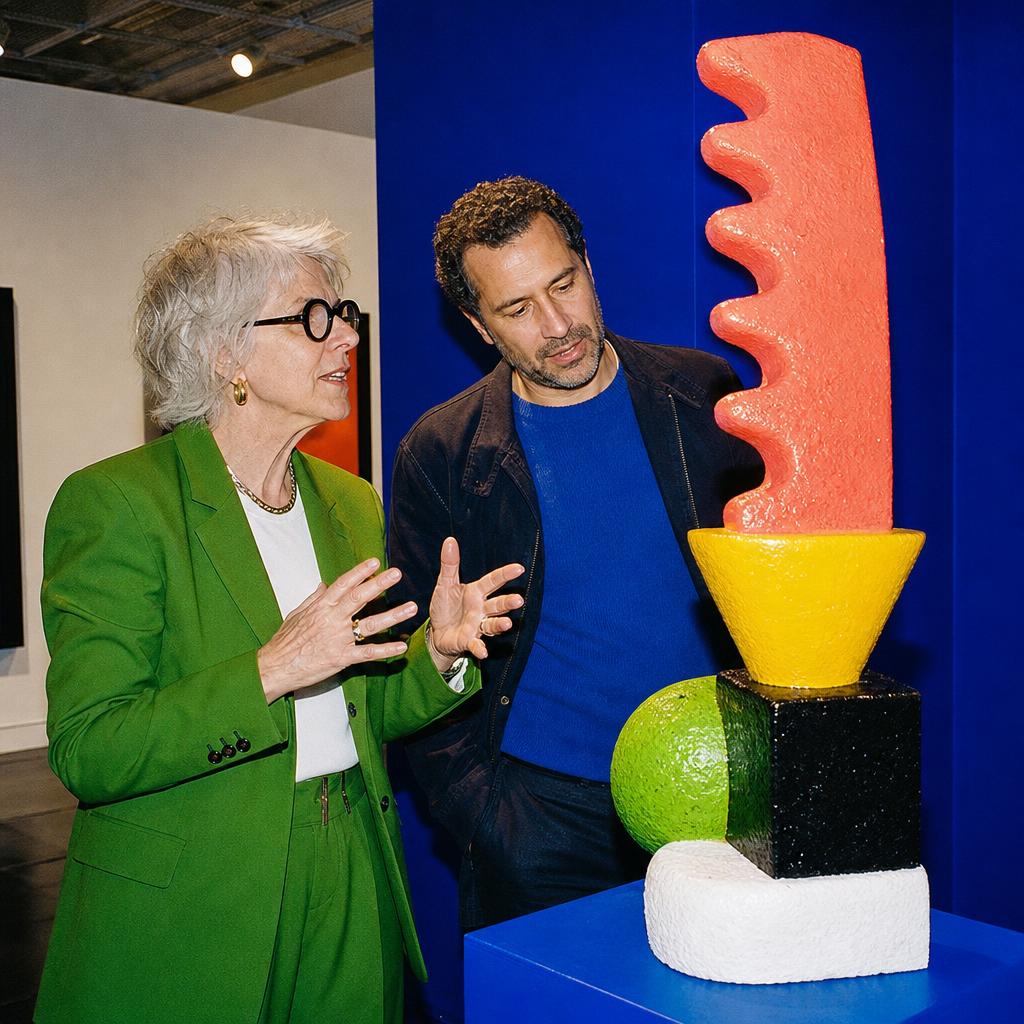 Older white adult in a green suit discussing a colorful sculpture with a friend in a cobalt art gallery.