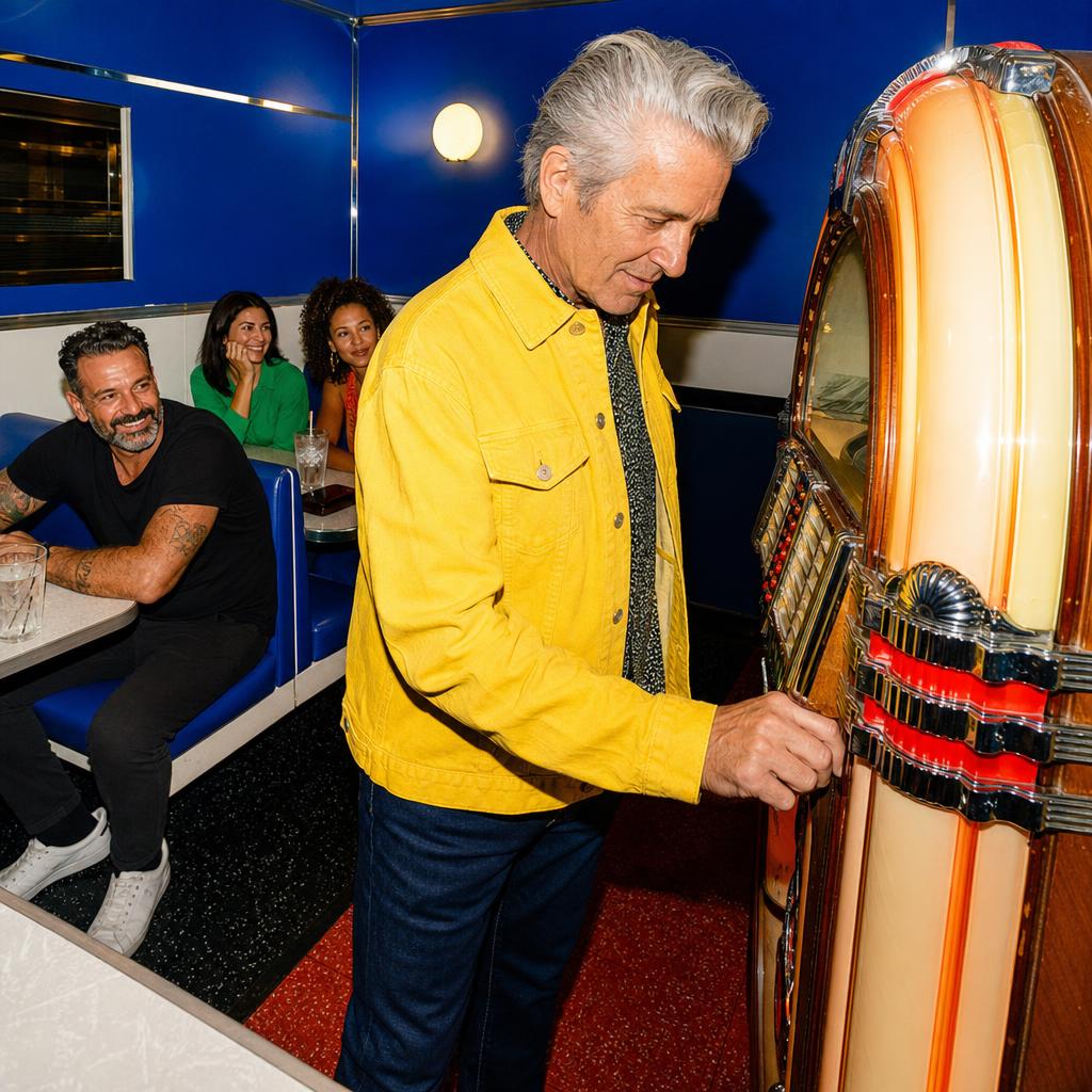 Older white man in a yellow jacket choosing a song at a red diner jukebox while friends wait at a booth.