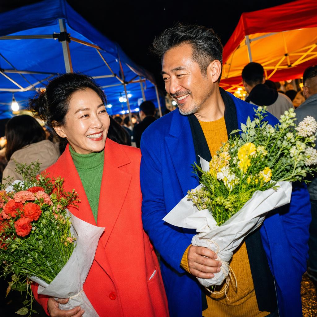 Older East Asian couple in colorful coats carrying flowers through a neon night market.