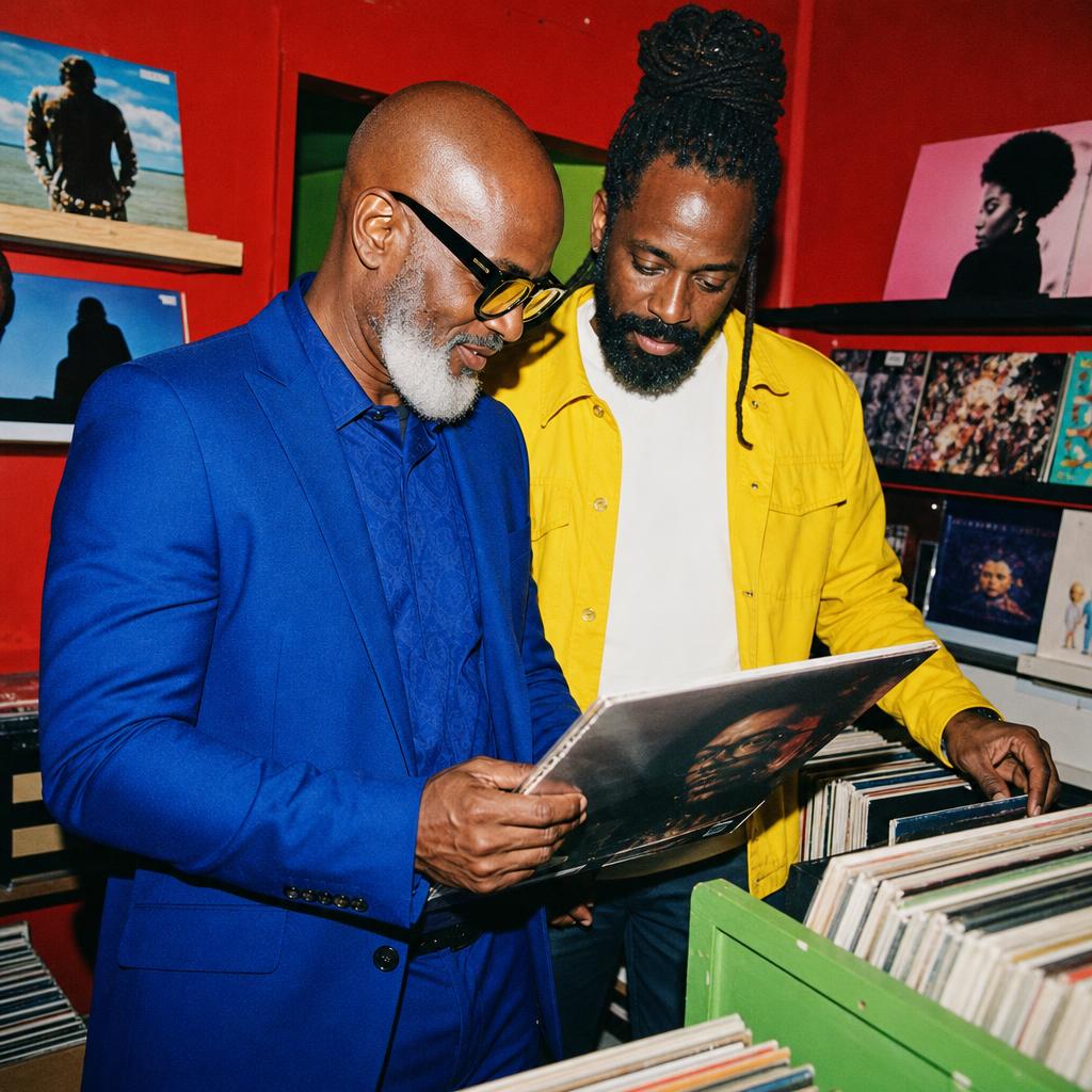 Fictional men in cobalt and yellow browsing records together in a record store.