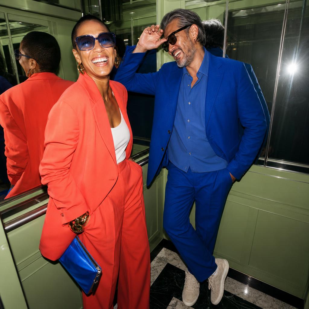 Two friends in maximal coral and blue tailoring joking inside a mirrored green hotel elevator.