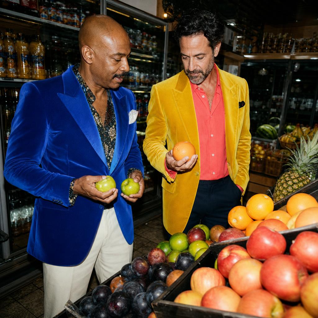 Two men in colorful evening coats comparing fruit at a bright late-night bodega.