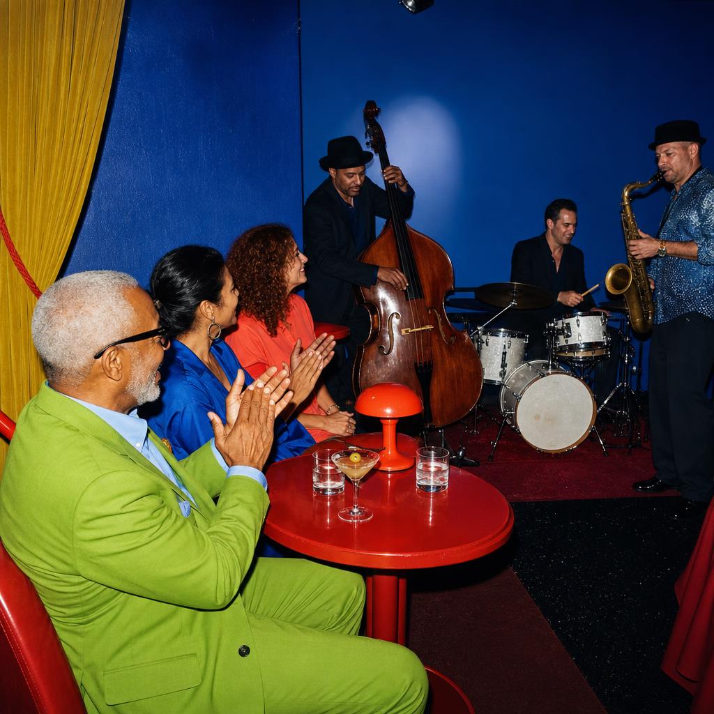 Older man in an acid-green suit applauding a jazz trio from a red club table with friends.