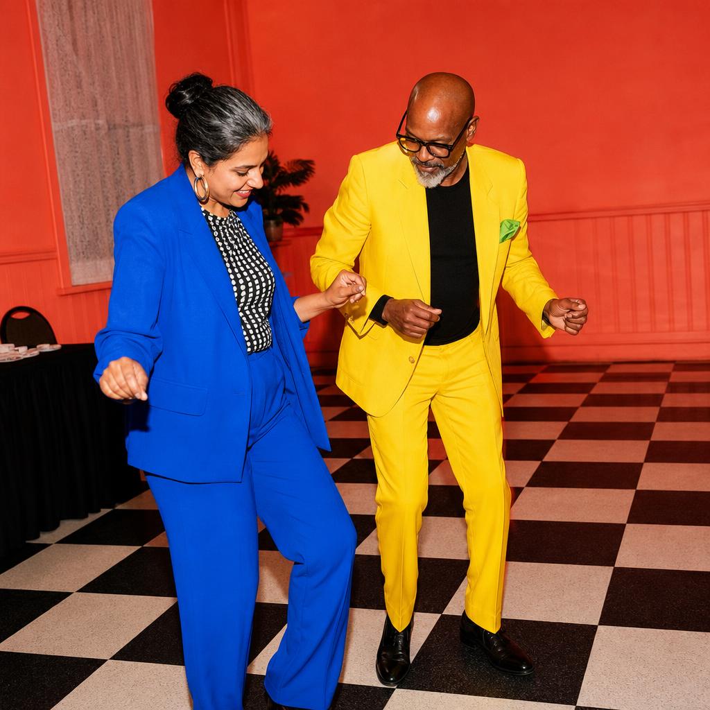 Two fully clothed adults in vivid suits learning a simple dance step in a coral community hall.