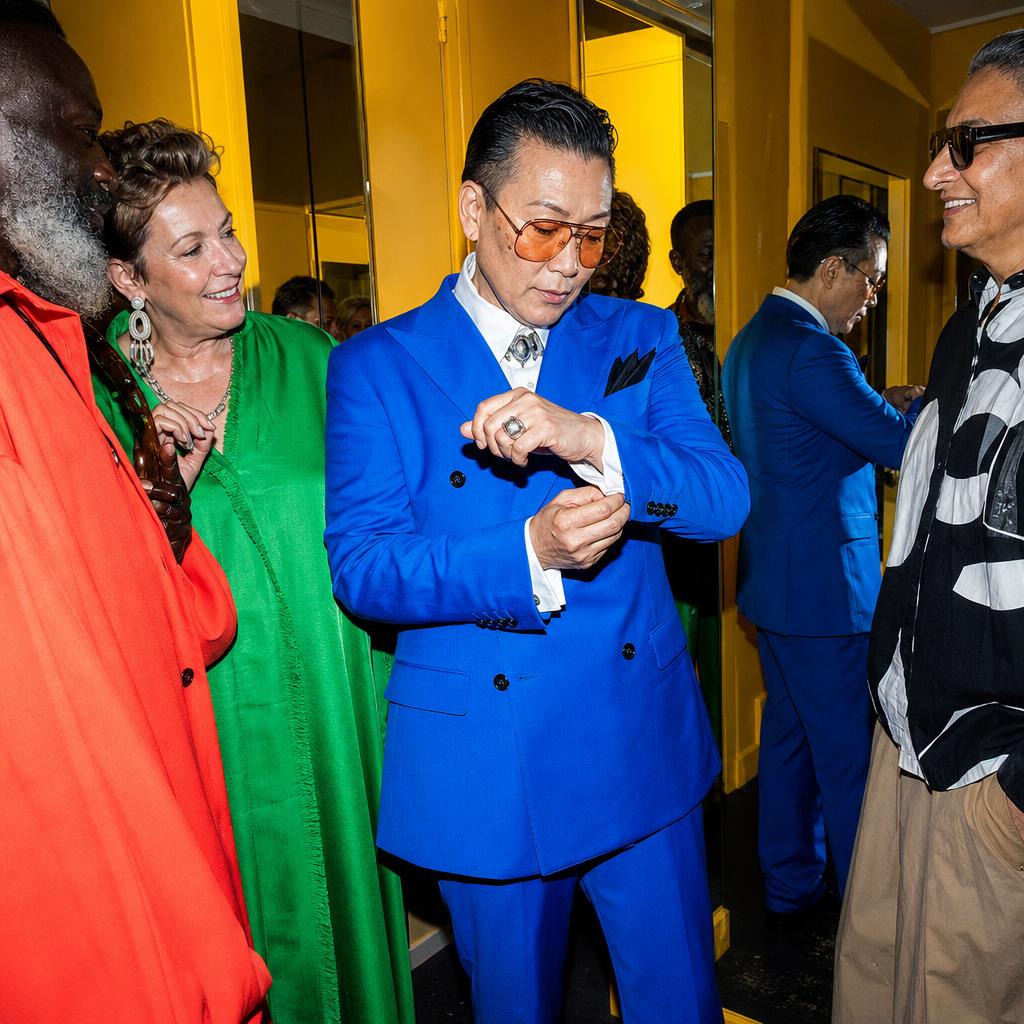 Gender-nonconforming adult in a cobalt suit fastening a cufflink beside friends in a mirrored yellow hallway.