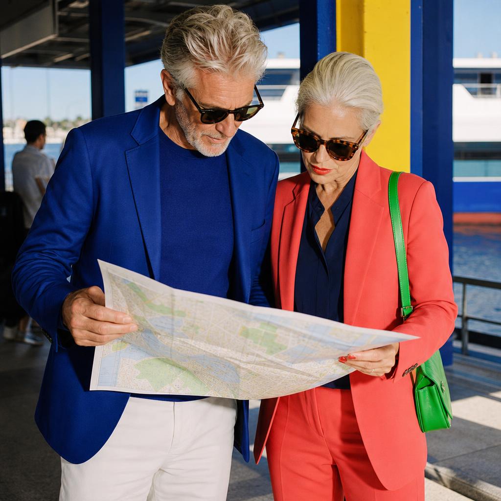 Older couple in cobalt and coral suits looking over a city map together at a bright ferry terminal.