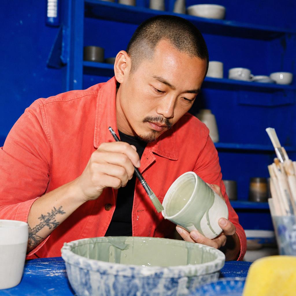 Fictional East Asian man in a coral jacket glazing a ceramic cup in a saturated blue pottery studio.