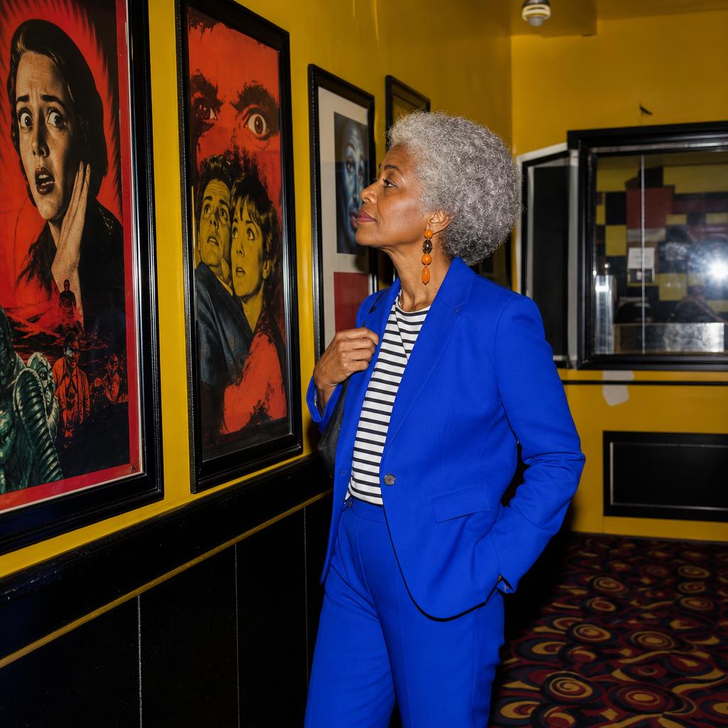 Fictional silver-haired Black woman in a cobalt suit examining colorful movie posters in a yellow cinema lobby.