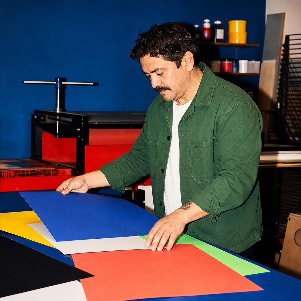 Fictional Latino man in a green jacket arranging blank colored paper swatches in a red-and-blue community print studio.